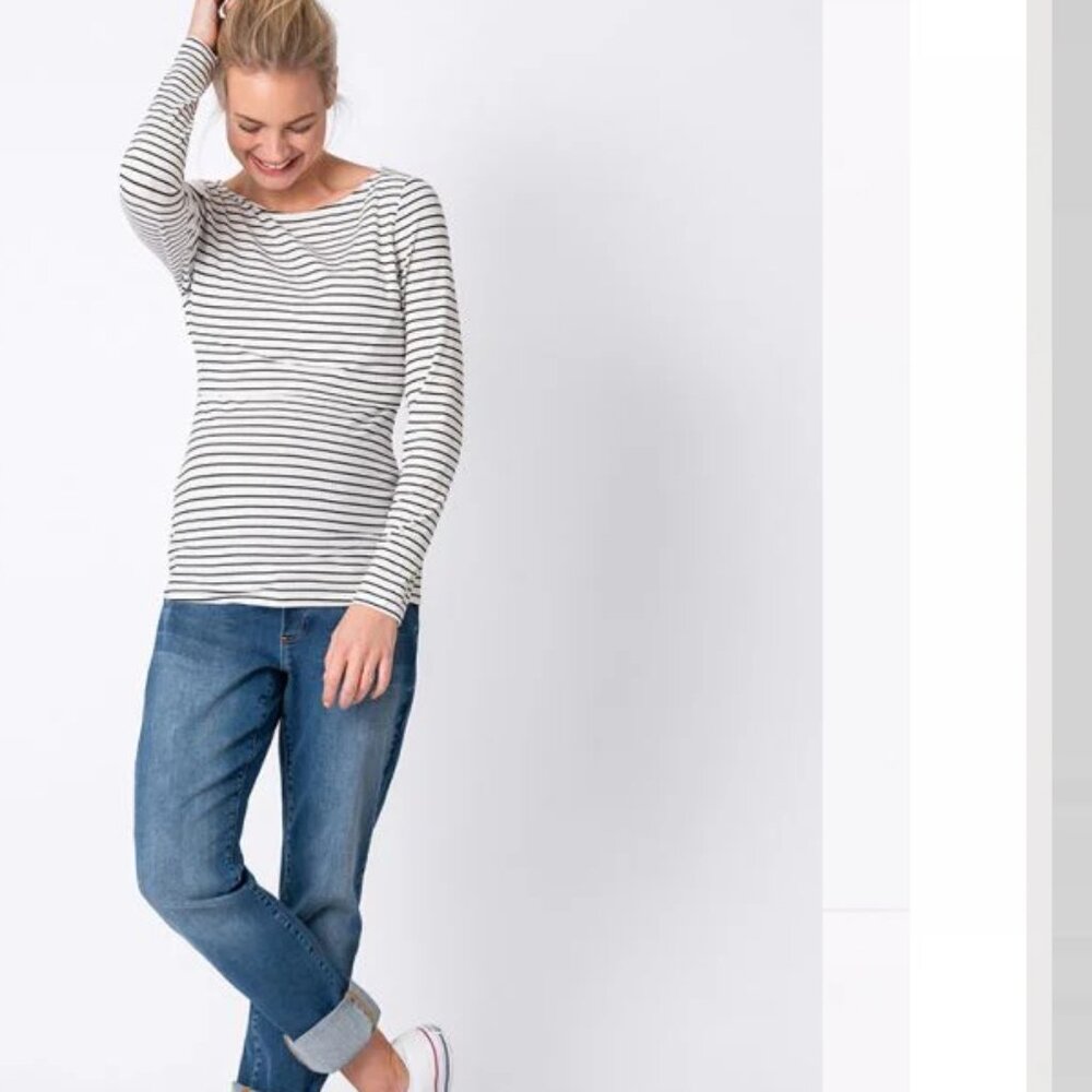 NEW Seraphine Maternity Nursing Ribbed Long Sleeve Stripe Top Black White XL